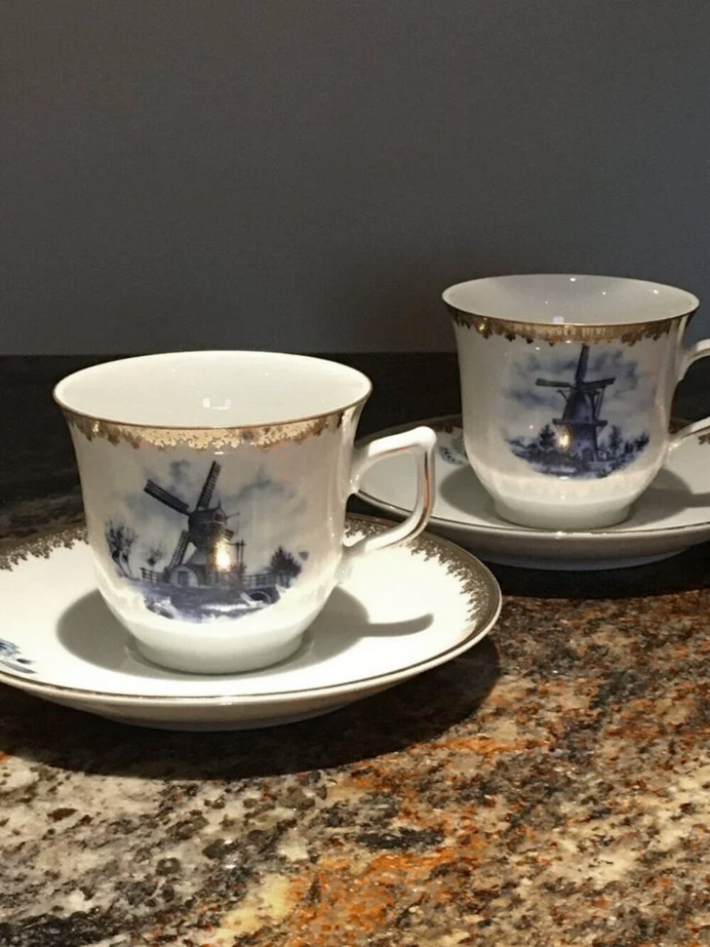 Delft Blue Gold Porcelain Holland Teacup Saucer Set of 2 Vintage Windmill